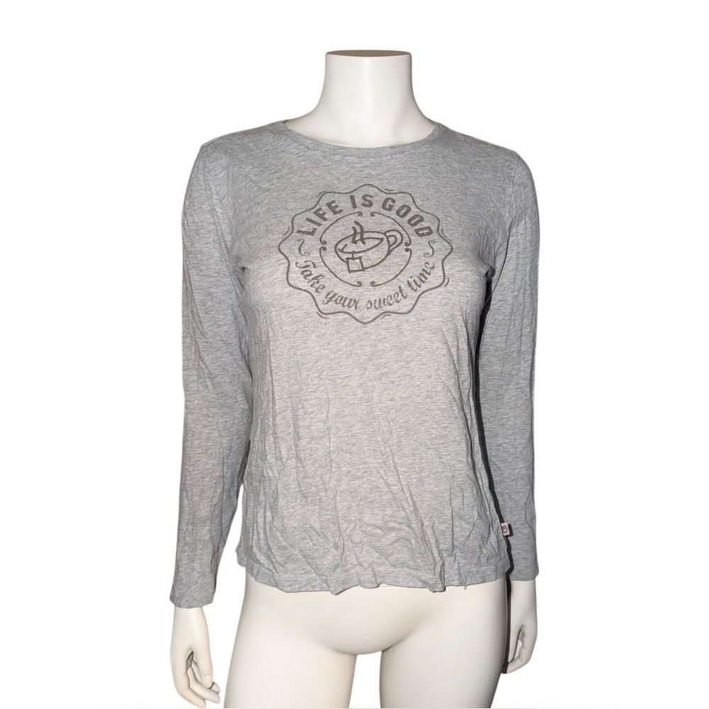 Life is Good Womens Gray Take Your Sweet Time Tea T-Shirt Long Sleeve M Semi-Fit